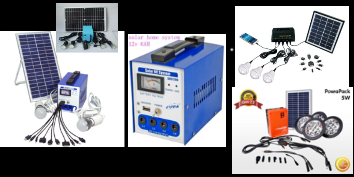 Composite of competing solar home system products with cable clutter, mixed cable types, and complex setups